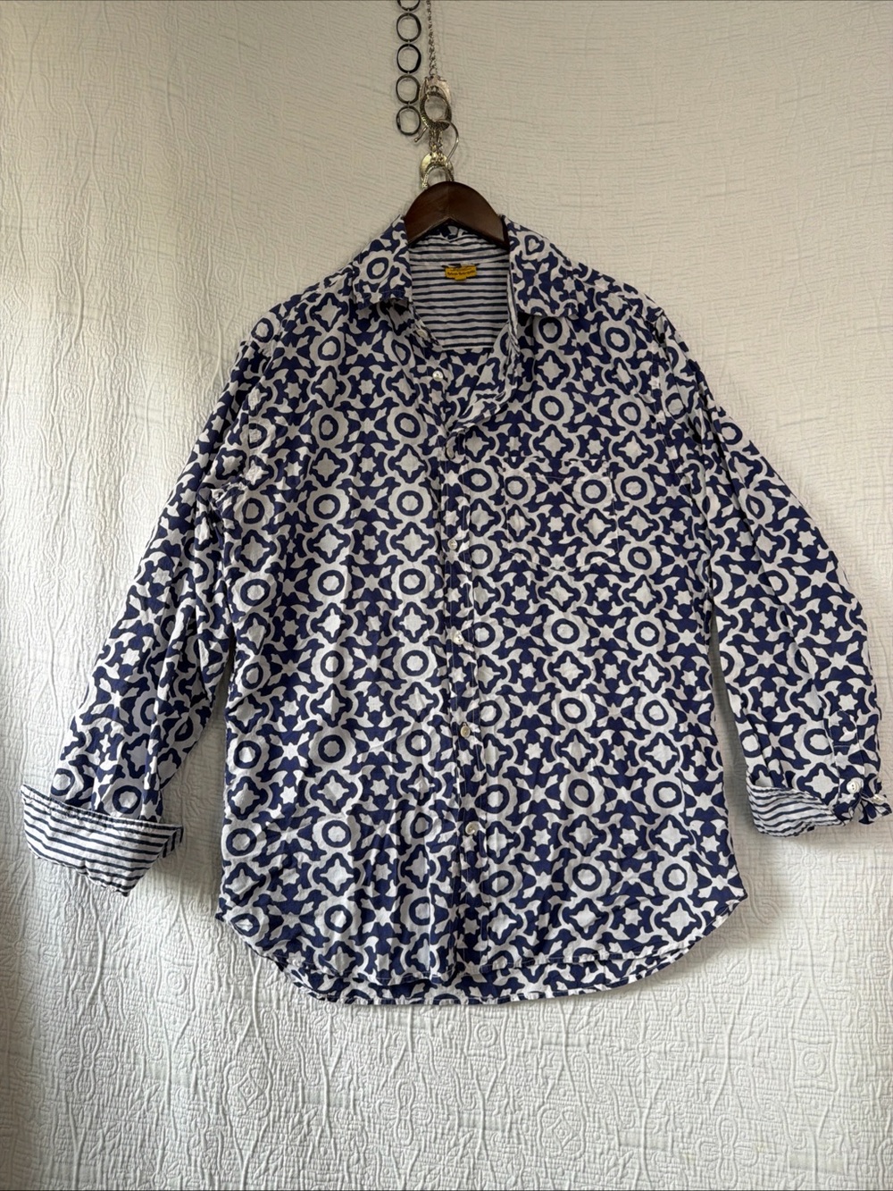 Roberta Roller Rabbit Mens Large Cotton Button Down Long Sleeve Shirt Blue AOP L